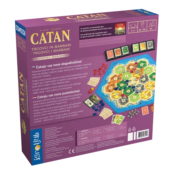 Zadnja stran 3d škatle razširitve osnovne igre Catan Trgovci in barbari